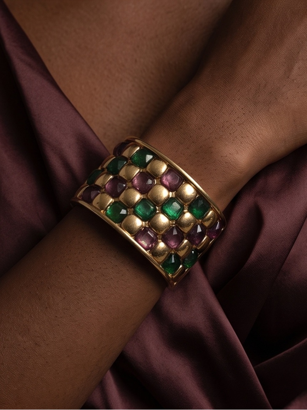 Gold Cuff Bracelet with Green and Amber Gemstones